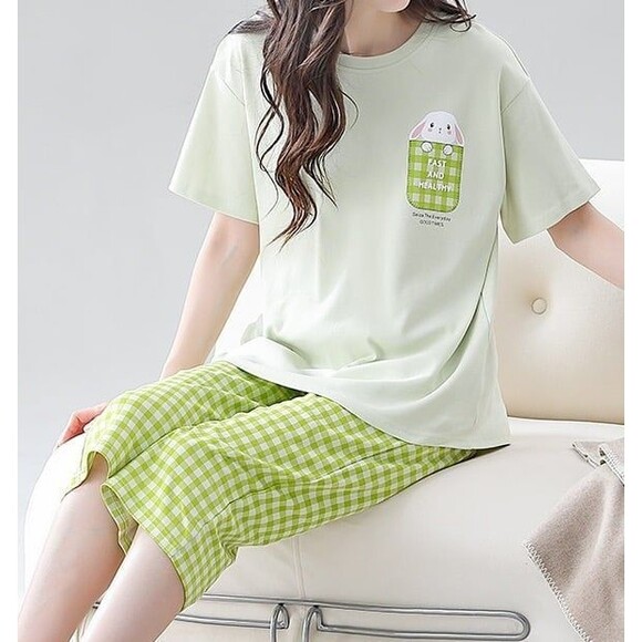 New Cotton Women Capri Pajama Set 2 Pcs Short Sleeve Top Capris pants Sleepwear - Picture 9 of 10